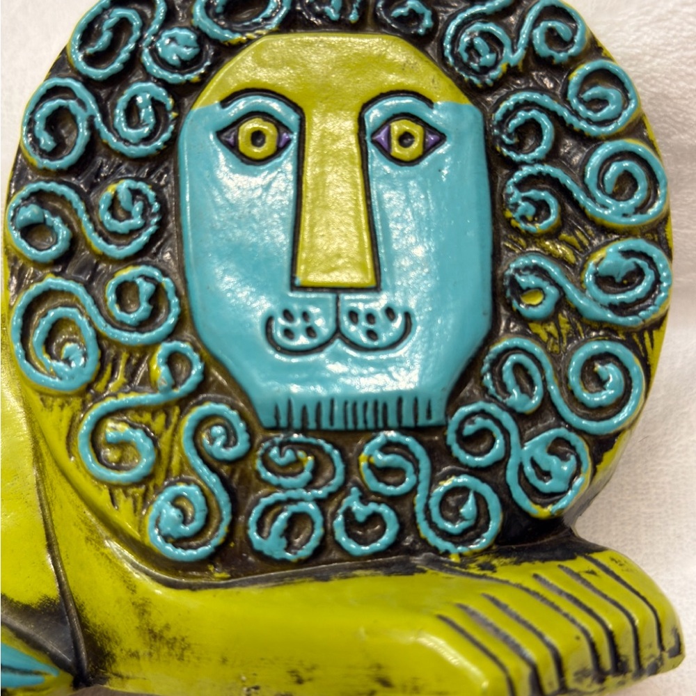 Vintage MCM Artistic Lion Sculptural Bank in Chartreuse Turquoise Papier Maché